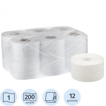 Туалетная бумага в рулонах, 1 слой, 200 метров, целлюлоза, 12 шт-1