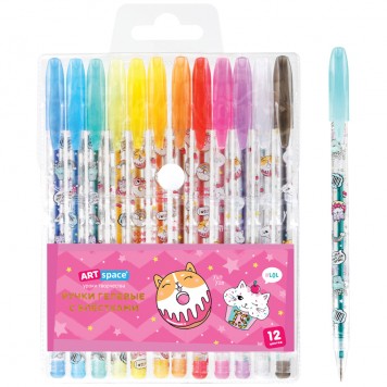 Набор гелевых ручек ArtSpace "Кот-сластена" 12 цветов с блестками, ПВХ чехол (толщина линии 1 мм)
