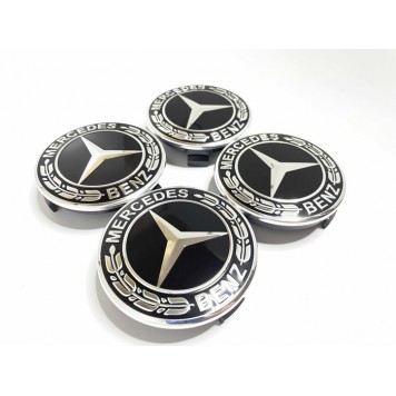Колпачки заглушки на литые диски для Mercedes-Benz 4шт, Black, 75мм, чёрные/хром