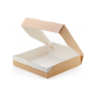 Контейнер бумажный на вынос с откидной крышкой и окном ECO Tabox 1500 мл, 200x200x40 мм крафт (25 шт в упаковке) 25/175-2