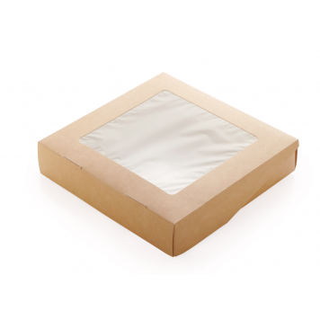 Контейнер бумажный на вынос с откидной крышкой и окном ECO Tabox 1500 мл, 200x200x40 мм крафт (25 шт в упаковке) 25/175-3